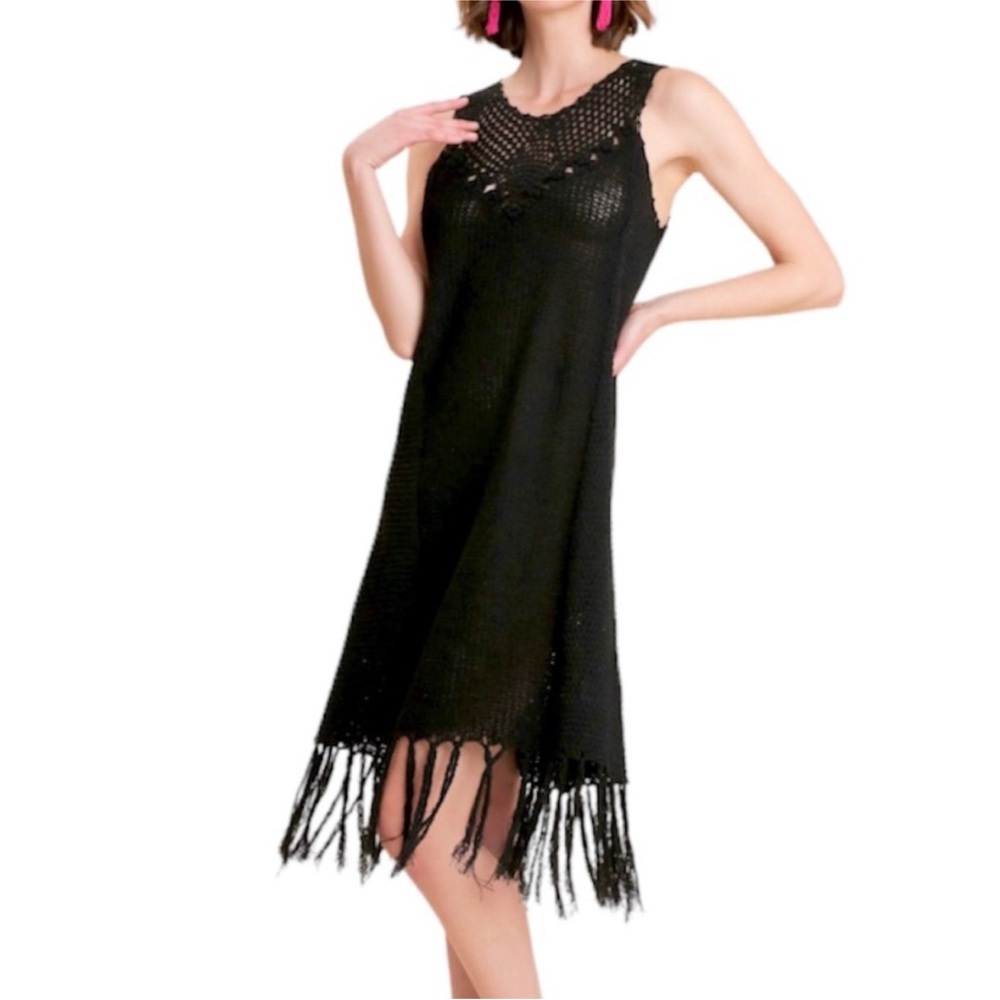 UMGEE Crochet Sleeveless Fringe Hem Dress L black